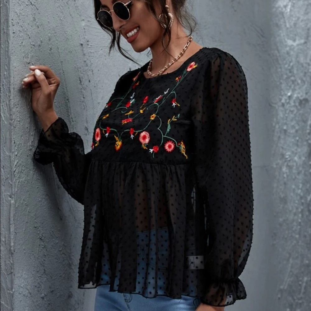 Black Swiss dot floral embroidered mesh blouse - Picture 9 of 9